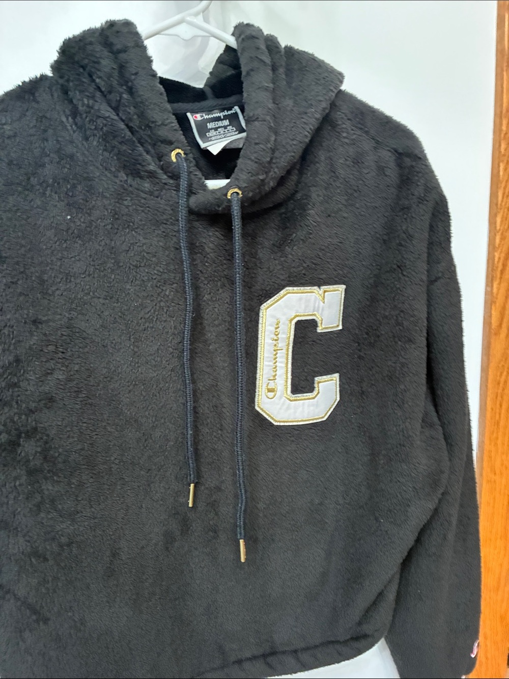 Champion Black Sherpa Zip-Up Hoodie with Contrast 'C' Patch